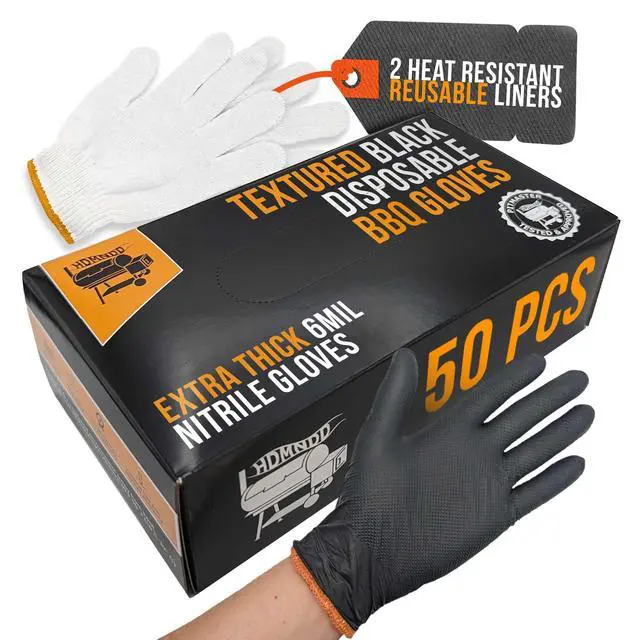 Main image of Black Disposable BBQ Gloves Kit - 50 Heavy Duty Full Textured Grip and 2 Heat Resistant Reusable Glove Liners for BBQ, Grilling, Meat Gloves for Pulling Meat