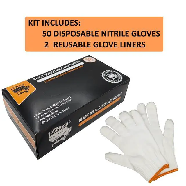 Alt view image 2 of 7 - Black Disposable BBQ Gloves Kit - 50 Heavy Duty Full Textured Grip and 2 Heat Resistant Reusable Glove Liners for BBQ, Grilling, Meat Gloves for Pulling Meat
