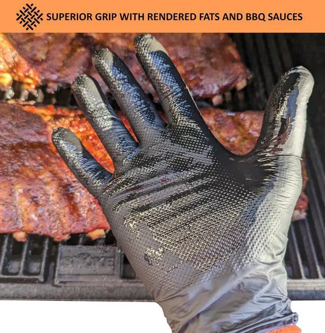 Alt view image 4 of 7 - Black Disposable BBQ Gloves Kit - 50 Heavy Duty Full Textured Grip and 2 Heat Resistant Reusable Glove Liners for BBQ, Grilling, Meat Gloves for Pulling Meat