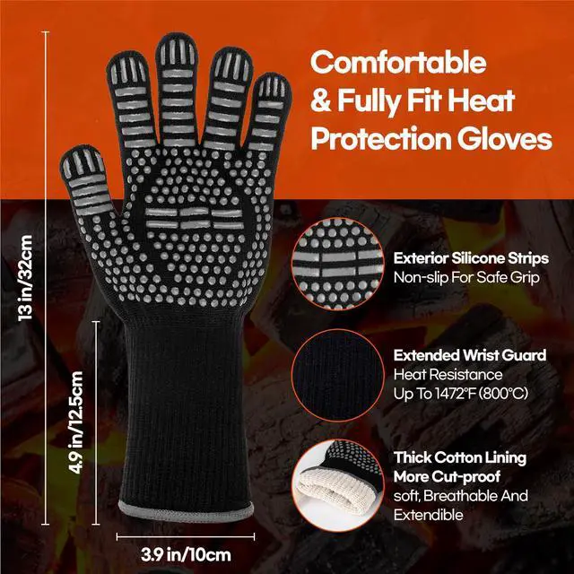 Alt view image 2 of 7 - BBQ Gloves Heat and Flame Resistant Protection - Oven and Grill Gloves Hand Protection, Extended Wrist for Addtional Safety, Ideal for Outdoor Cooking, Grilling, Barbeque and Campfire (Grey)