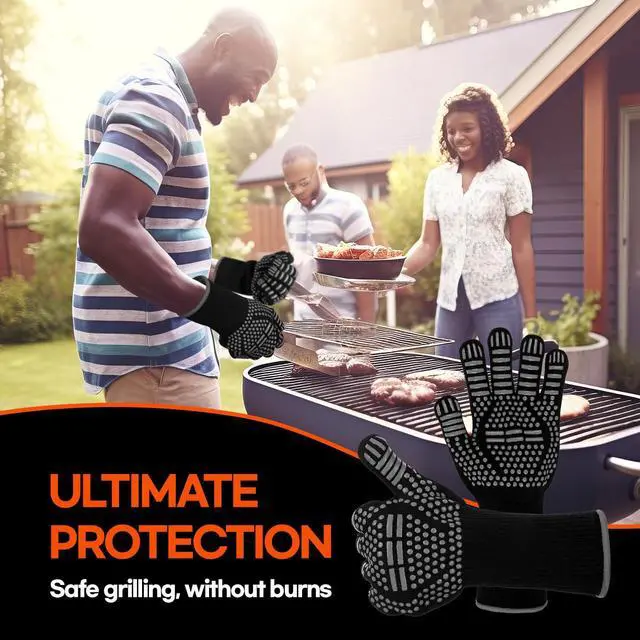 Alt view image 4 of 7 - BBQ Gloves Heat and Flame Resistant Protection - Oven and Grill Gloves Hand Protection, Extended Wrist for Addtional Safety, Ideal for Outdoor Cooking, Grilling, Barbeque and Campfire (Grey)