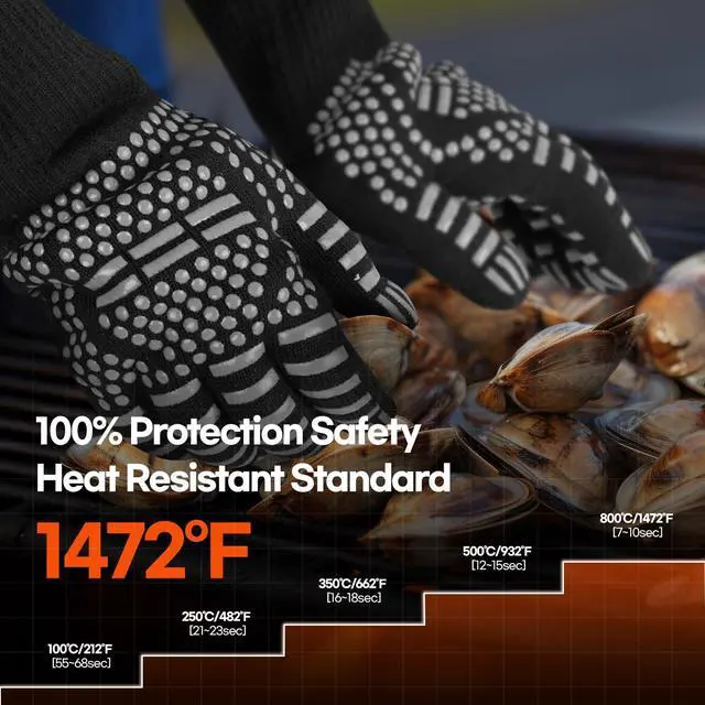 Alt view image 3 of 7 - BBQ Gloves Heat and Flame Resistant Protection - Oven and Grill Gloves Hand Protection, Extended Wrist for Addtional Safety, Ideal for Outdoor Cooking, Grilling, Barbeque and Campfire (Grey)