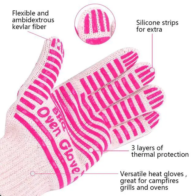 Alt view image 3 of 6 - Extreme Heat Resistant Oven Gloves - Oven Glove - Oven Mitts Heat Resistant Cooking Gloves for BBQ, Grilling, Baking,Cutting, Welding, Smoker Fireplace (Pink)