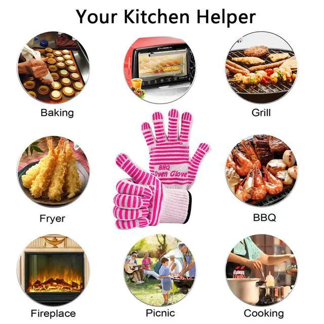 Alt view image 6 of 6 - Extreme Heat Resistant Oven Gloves - Oven Glove - Oven Mitts Heat Resistant Cooking Gloves for BBQ, Grilling, Baking,Cutting, Welding, Smoker Fireplace (Pink)