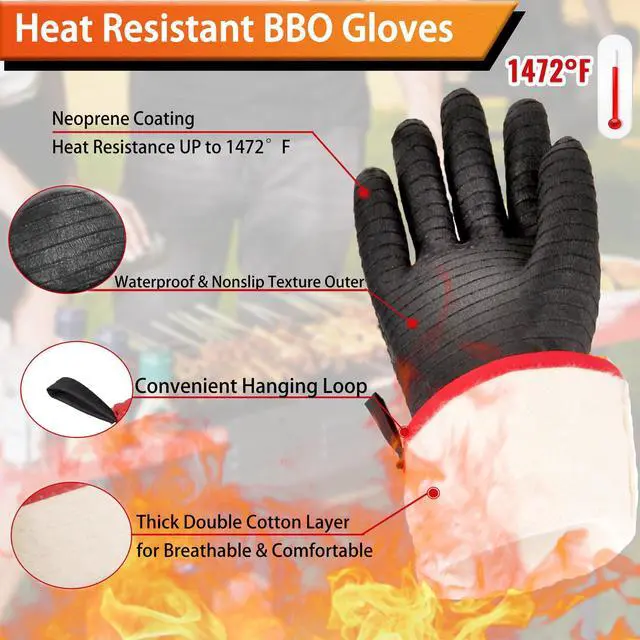 Alt view image 2 of 7 - BBQ Gloves - 1472°F Thicken Heat Resistant Gloves w/S-Hook 14 in Kitchen Oven Mitts Waterproof Grill Gloves Oil Resistant Grilling Gloves Cooking Gloves for Turkey Fryer/Baking/Oven/Smoker