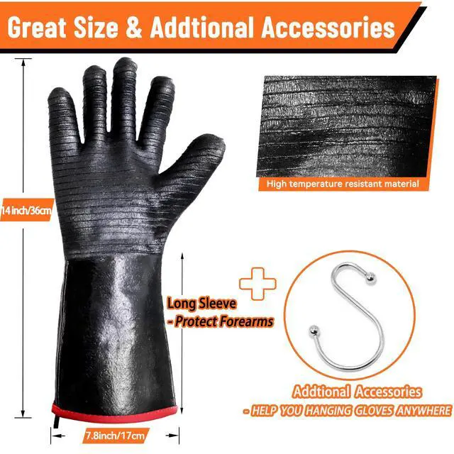 Alt view image 3 of 7 - BBQ Gloves - 1472°F Thicken Heat Resistant Gloves w/S-Hook 14 in Kitchen Oven Mitts Waterproof Grill Gloves Oil Resistant Grilling Gloves Cooking Gloves for Turkey Fryer/Baking/Oven/Smoker
