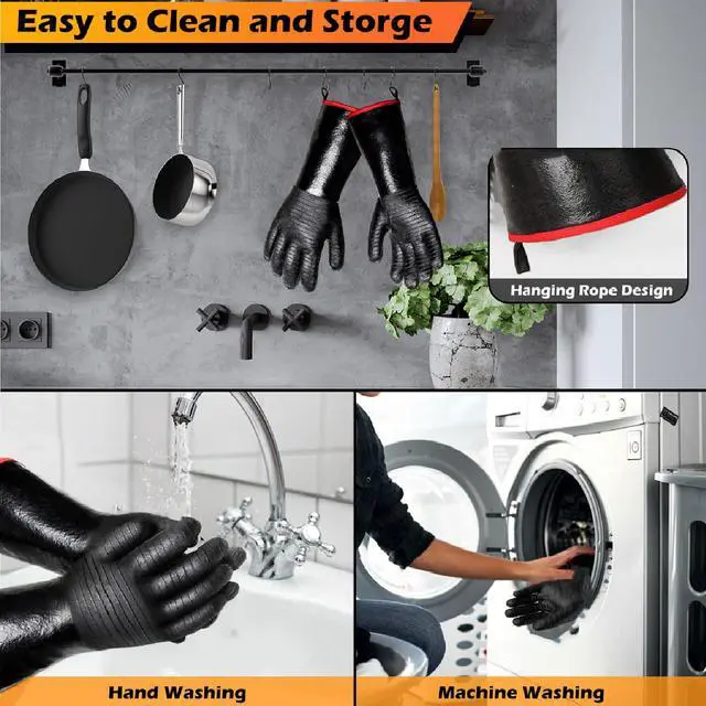 Alt view image 5 of 7 - BBQ Gloves - 1472°F Thicken Heat Resistant Gloves w/S-Hook 14 in Kitchen Oven Mitts Waterproof Grill Gloves Oil Resistant Grilling Gloves Cooking Gloves for Turkey Fryer/Baking/Oven/Smoker