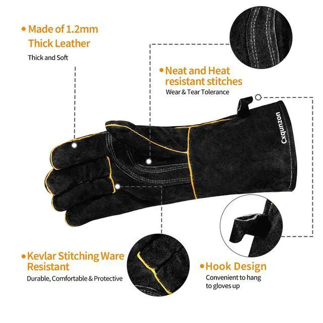 Alt view image 3 of 6 - Leather Welding Gloves - Thick Premium Cow Split Leather, Heat & Fire Resistant, Soft Cotton Lined Interior for TIG/MIG Welding, Grilling, BBQ & Fireplace, 14 Inch, Black