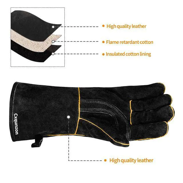 Alt view image 4 of 6 - Leather Welding Gloves - Thick Premium Cow Split Leather, Heat & Fire Resistant, Soft Cotton Lined Interior for TIG/MIG Welding, Grilling, BBQ & Fireplace, 14 Inch, Black
