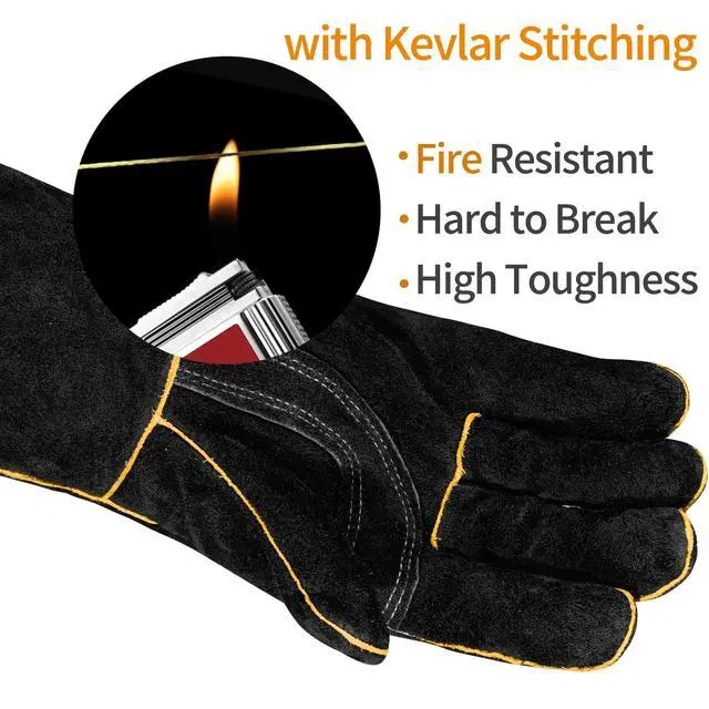 Alt view image 2 of 6 - Leather Welding Gloves - Thick Premium Cow Split Leather, Heat & Fire Resistant, Soft Cotton Lined Interior for TIG/MIG Welding, Grilling, BBQ & Fireplace, 14 Inch, Black