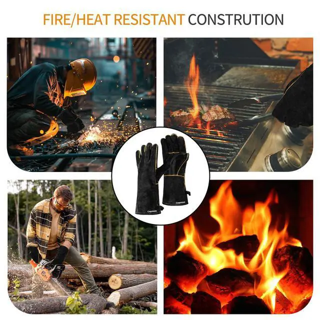Alt view image 6 of 6 - Leather Welding Gloves - Thick Premium Cow Split Leather, Heat & Fire Resistant, Soft Cotton Lined Interior for TIG/MIG Welding, Grilling, BBQ & Fireplace, 14 Inch, Black