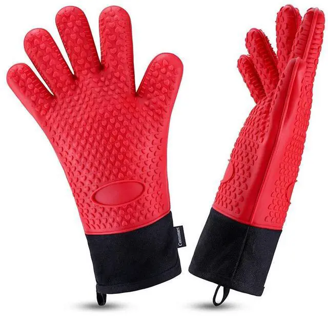Main image of BBQ Gloves, Heat Resistant Silicone Grilling Gloves, Long Waterproof BBQ Kitchen Oven Mitts with Inner Cotton Layer for Barbecue, Cooking, Baking, Smoker(Red)