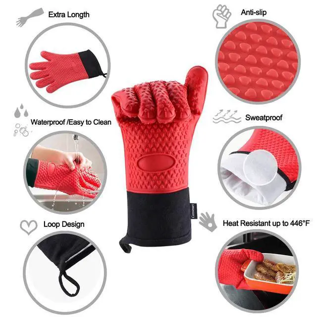 Alt view image 2 of 7 - BBQ Gloves, Heat Resistant Silicone Grilling Gloves, Long Waterproof BBQ Kitchen Oven Mitts with Inner Cotton Layer for Barbecue, Cooking, Baking, Smoker(Red)