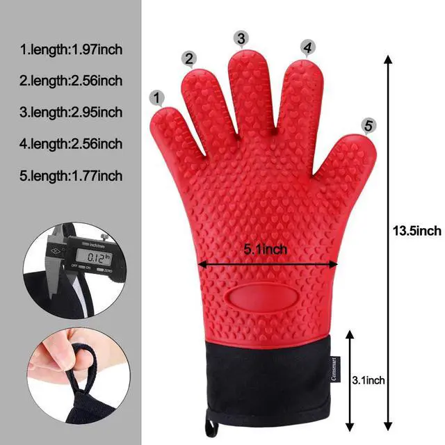 Alt view image 4 of 7 - BBQ Gloves, Heat Resistant Silicone Grilling Gloves, Long Waterproof BBQ Kitchen Oven Mitts with Inner Cotton Layer for Barbecue, Cooking, Baking, Smoker(Red)