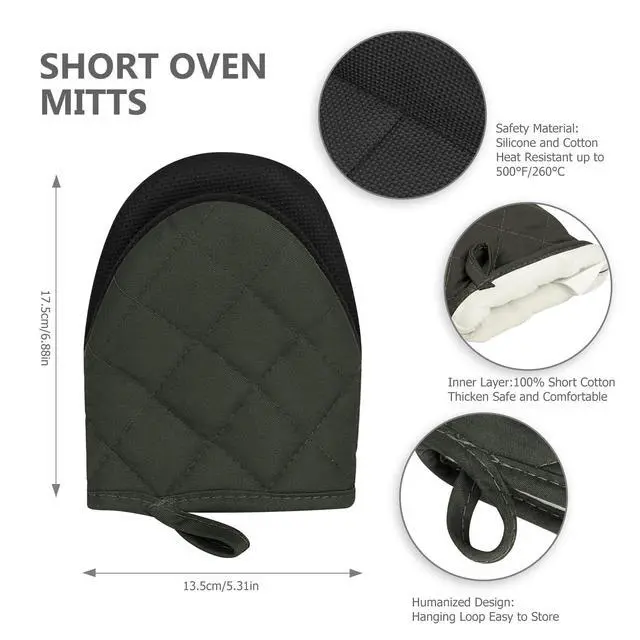 Alt view image 2 of 7 - Short Oven Mitts, Heat Resistant 500°F, Silicone Grip Kitchen Gloves, Non-Slip for Baking, Grilling, BBQ, Machine Washable with Hanging Loop, 2-Pack Set, Gray