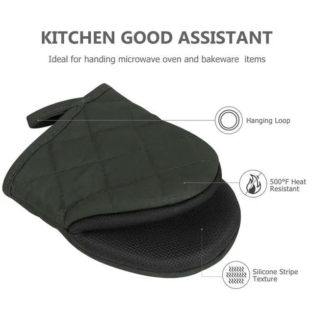 Alt view image 3 of 7 - Short Oven Mitts, Heat Resistant 500°F, Silicone Grip Kitchen Gloves, Non-Slip for Baking, Grilling, BBQ, Machine Washable with Hanging Loop, 2-Pack Set, Gray