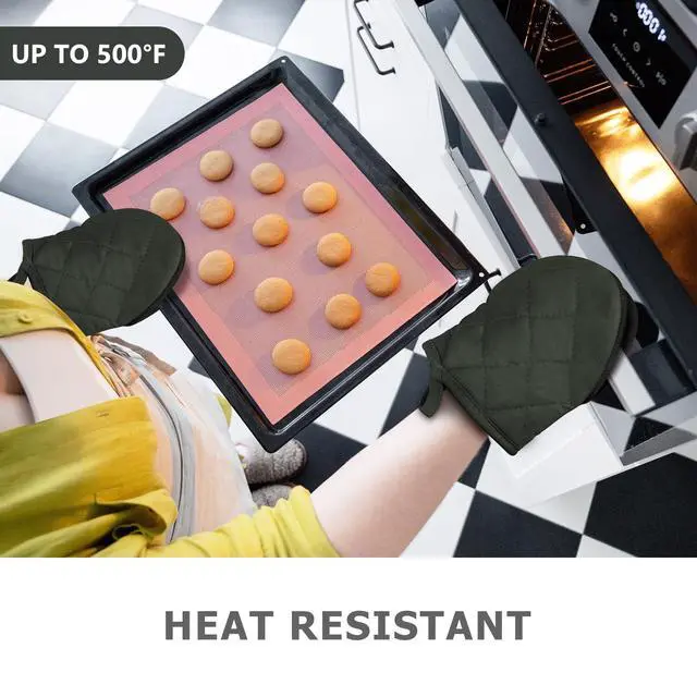 Alt view image 6 of 7 - Short Oven Mitts, Heat Resistant 500°F, Silicone Grip Kitchen Gloves, Non-Slip for Baking, Grilling, BBQ, Machine Washable with Hanging Loop, 2-Pack Set, Gray
