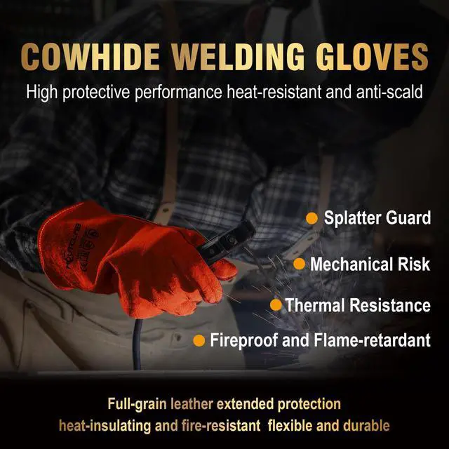 Alt view image 2 of 7 - Long Welding Gloves 23.6 Inches 932,Heat/Fire Resistant Leather For Mig, Tig, Stick, Forge, BBQ, Grill, Fireplace (14in Red)