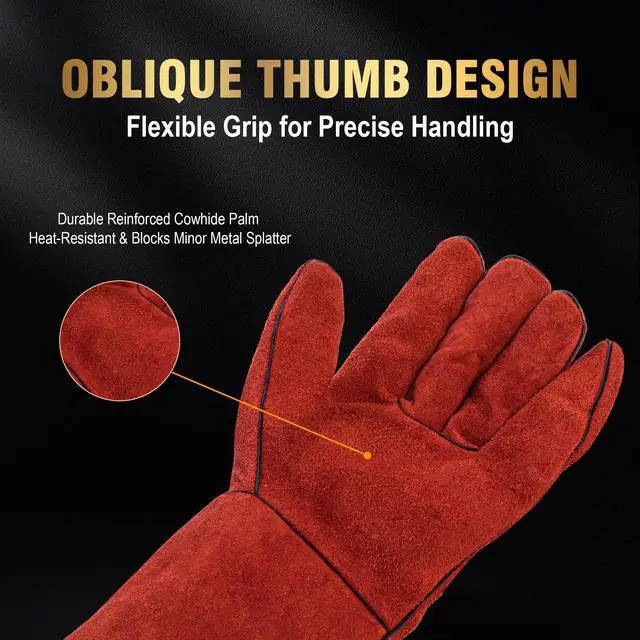 Alt view image 4 of 7 - Long Welding Gloves 23.6 Inches 932,Heat/Fire Resistant Leather For Mig, Tig, Stick, Forge, BBQ, Grill, Fireplace (14in Red)