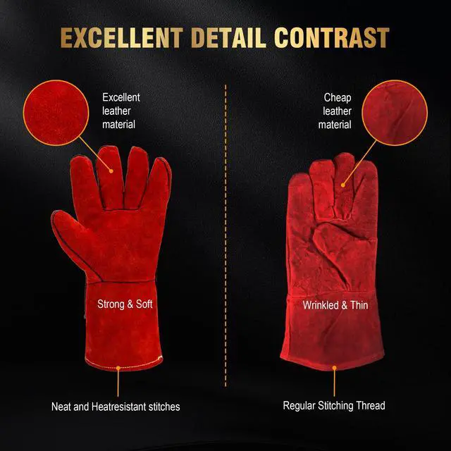 Alt view image 6 of 7 - Long Welding Gloves 23.6 Inches 932,Heat/Fire Resistant Leather For Mig, Tig, Stick, Forge, BBQ, Grill, Fireplace (14in Red)