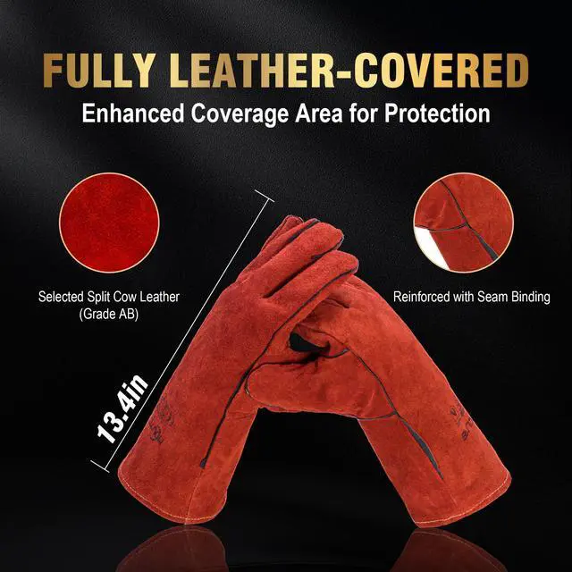 Alt view image 3 of 7 - Long Welding Gloves 23.6 Inches 932,Heat/Fire Resistant Leather For Mig, Tig, Stick, Forge, BBQ, Grill, Fireplace (14in Red)