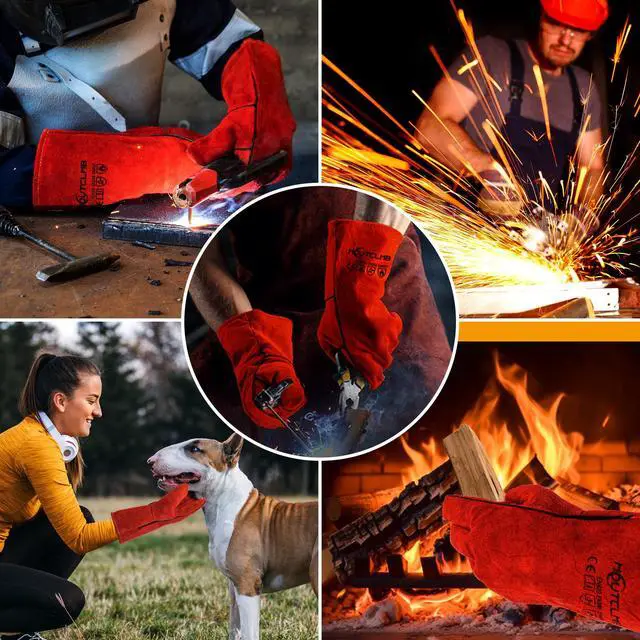 Alt view image 7 of 7 - Long Welding Gloves 23.6 Inches 932,Heat/Fire Resistant Leather For Mig, Tig, Stick, Forge, BBQ, Grill, Fireplace (14in Red)