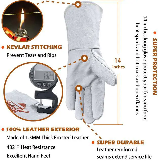 Alt view image 2 of 6 - Leather Welding Gloves for Men or Women, Fire and Heat Resistant gloves for Stick,Tig,Mig,Fireplace,BBQ,Oven,Grill,Wood Stove,Animal Handling Gloves,Bite Proof for Cat or Dogs,Welders Gifts