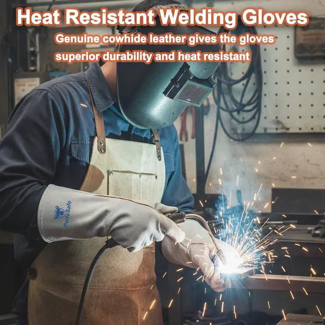 Alt view image 2 of 6 - Welding Gloves 14 Inches, Heat Resistant 932 Leather Welders Gloves for MIG, TIG, Stick, Long Sleeve Grill Gloves for Welding, Fireplace, BBQ, Oven, Furnace, Wood Stove, Animal Handling Grey