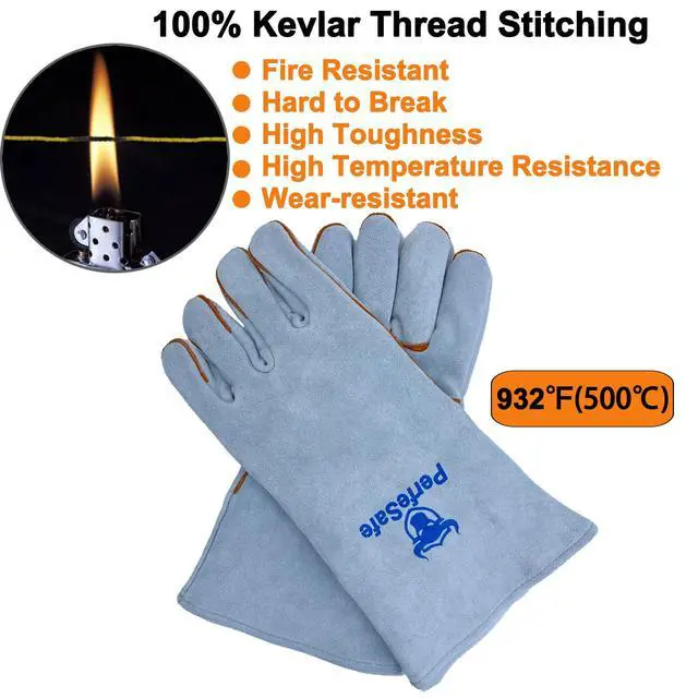 Alt view image 4 of 6 - Welding Gloves 14 Inches, Heat Resistant 932 Leather Welders Gloves for MIG, TIG, Stick, Long Sleeve Grill Gloves for Welding, Fireplace, BBQ, Oven, Furnace, Wood Stove, Animal Handling Grey