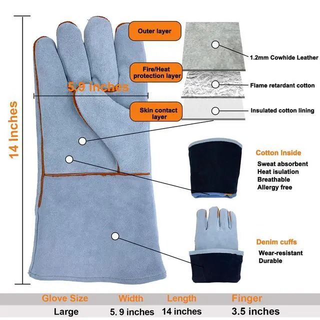 Alt view image 5 of 6 - Welding Gloves 14 Inches, Heat Resistant 932 Leather Welders Gloves for MIG, TIG, Stick, Long Sleeve Grill Gloves for Welding, Fireplace, BBQ, Oven, Furnace, Wood Stove, Animal Handling Grey