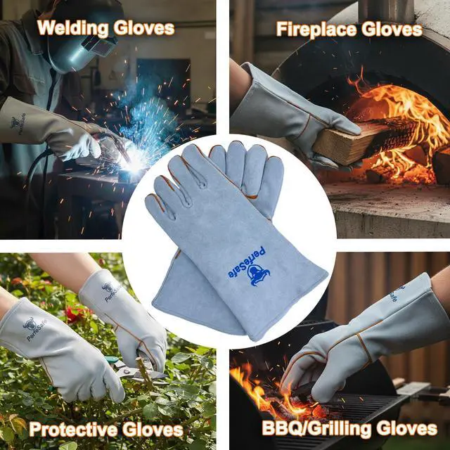 Alt view image 6 of 6 - Welding Gloves 14 Inches, Heat Resistant 932 Leather Welders Gloves for MIG, TIG, Stick, Long Sleeve Grill Gloves for Welding, Fireplace, BBQ, Oven, Furnace, Wood Stove, Animal Handling Grey