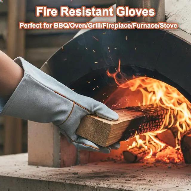 Alt view image 3 of 6 - Welding Gloves 14 Inches, Heat Resistant 932 Leather Welders Gloves for MIG, TIG, Stick, Long Sleeve Grill Gloves for Welding, Fireplace, BBQ, Oven, Furnace, Wood Stove, Animal Handling Grey