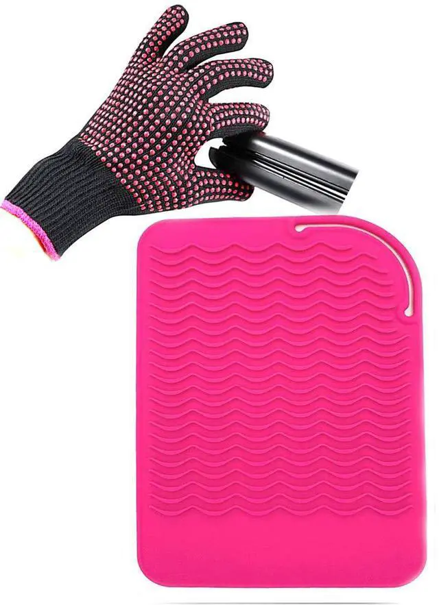Main image of Heat Resistant Glove with Heat Resistant Mat for Curling Iron, Hair Straightener, Flat Irons, Silicone Bump Glove, 9 x 6.5 Food Grade Silicone Mat, Pink