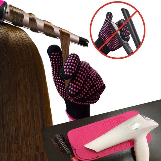 Alt view image 2 of 7 - Heat Resistant Glove with Heat Resistant Mat for Curling Iron, Hair Straightener, Flat Irons, Silicone Bump Glove, 9 x 6.5 Food Grade Silicone Mat, Pink