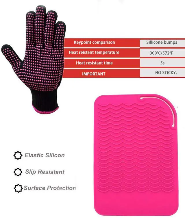 Alt view image 3 of 7 - Heat Resistant Glove with Heat Resistant Mat for Curling Iron, Hair Straightener, Flat Irons, Silicone Bump Glove, 9 x 6.5 Food Grade Silicone Mat, Pink