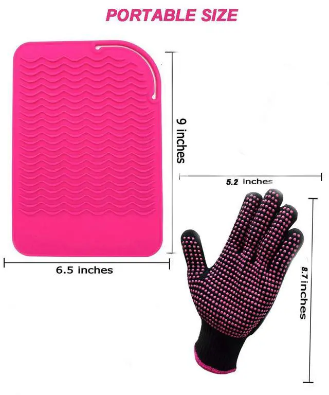 Alt view image 4 of 7 - Heat Resistant Glove with Heat Resistant Mat for Curling Iron, Hair Straightener, Flat Irons, Silicone Bump Glove, 9 x 6.5 Food Grade Silicone Mat, Pink
