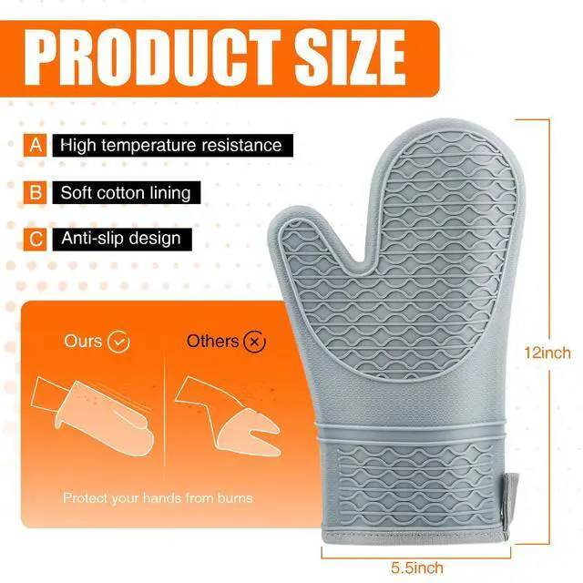 Alt view image 2 of 7 - Silicone Oven Mitts, Heat Resistant 2PCS Oven Mitts with Soft Cotton Lining, Waterproof Non-Slip Grip Oven Glove, Kitchen Potholder Mits for BBQ, Baking, Cooking, 12.5 Inch - Grey