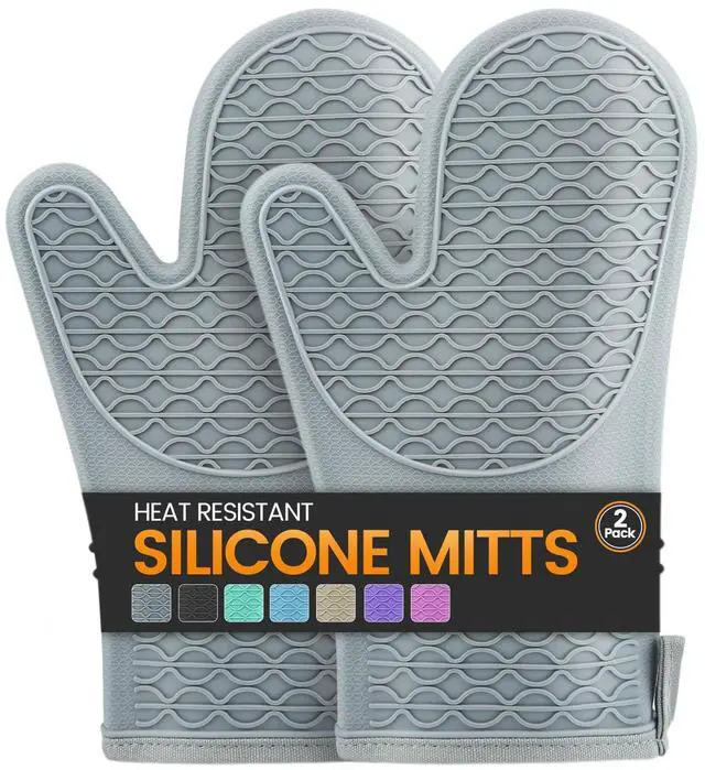 Main image of Silicone Oven Mitts, Heat Resistant 2PCS Oven Mitts with Soft Cotton Lining, Waterproof Non-Slip Grip Oven Glove, Kitchen Potholder Mits for BBQ, Baking, Cooking, 12.5 Inch - Grey