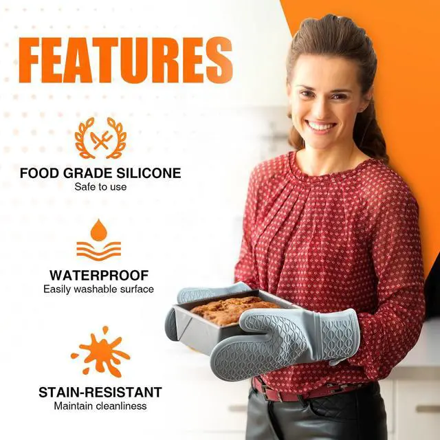 Alt view image 4 of 7 - Silicone Oven Mitts, Heat Resistant 2PCS Oven Mitts with Soft Cotton Lining, Waterproof Non-Slip Grip Oven Glove, Kitchen Potholder Mits for BBQ, Baking, Cooking, 12.5 Inch - Grey