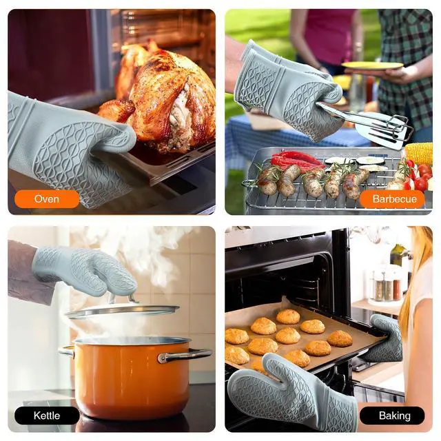 Alt view image 6 of 7 - Silicone Oven Mitts, Heat Resistant 2PCS Oven Mitts with Soft Cotton Lining, Waterproof Non-Slip Grip Oven Glove, Kitchen Potholder Mits for BBQ, Baking, Cooking, 12.5 Inch - Grey