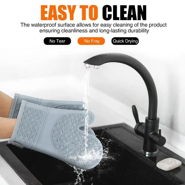 Alt view image 5 of 7 - Silicone Oven Mitts, Heat Resistant 2PCS Oven Mitts with Soft Cotton Lining, Waterproof Non-Slip Grip Oven Glove, Kitchen Potholder Mits for BBQ, Baking, Cooking, 12.5 Inch - Grey