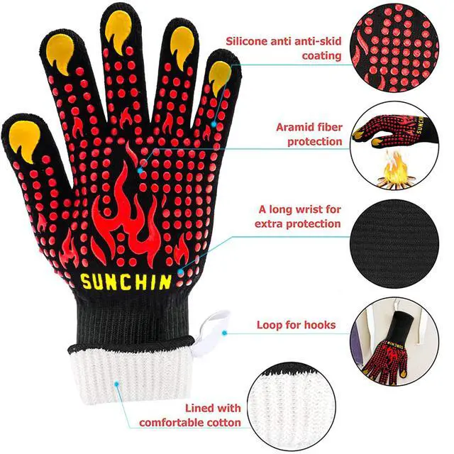 Alt view image 4 of 7 - BBQ Fireproof Gloves, Grill Cut-Resistant 1472°F Heat Resistant Gloves, Non-Slip Silicone Oven Gloves, Kitchen Safe Cooking Gloves for Oven Mitts,Barbecue,Cooking, Frying,13 Inch 2pc