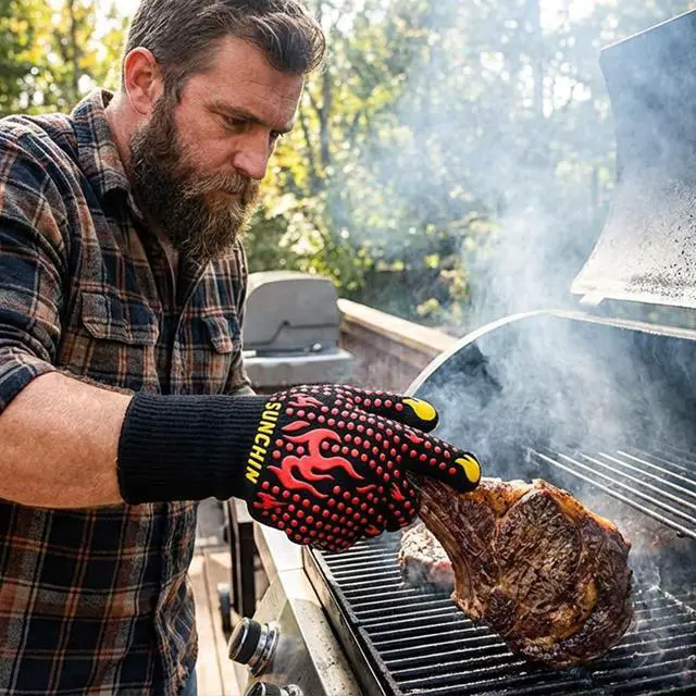 Alt view image 6 of 7 - BBQ Fireproof Gloves, Grill Cut-Resistant 1472°F Heat Resistant Gloves, Non-Slip Silicone Oven Gloves, Kitchen Safe Cooking Gloves for Oven Mitts,Barbecue,Cooking, Frying,13 Inch 2pc