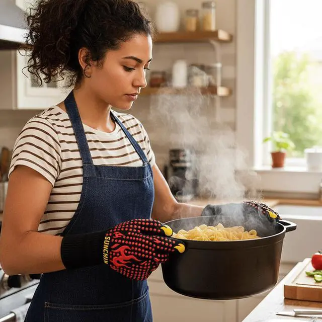 Alt view image 7 of 7 - BBQ Fireproof Gloves, Grill Cut-Resistant 1472°F Heat Resistant Gloves, Non-Slip Silicone Oven Gloves, Kitchen Safe Cooking Gloves for Oven Mitts,Barbecue,Cooking, Frying,13 Inch 2pc