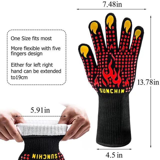 Alt view image 5 of 7 - BBQ Fireproof Gloves, Grill Cut-Resistant 1472°F Heat Resistant Gloves, Non-Slip Silicone Oven Gloves, Kitchen Safe Cooking Gloves for Oven Mitts,Barbecue,Cooking, Frying,13 Inch 2pc