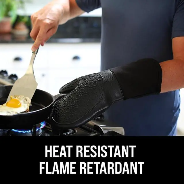 Alt view image 2 of 7 - BPA-Free Silicone Oven Mitts Ultra Heat Resistant up to 500°F - Oven Mitts with Thick Cotton Liner - Long Slip Resistant Pot Holders, Flexible Oven Gloves - Black 13.7"