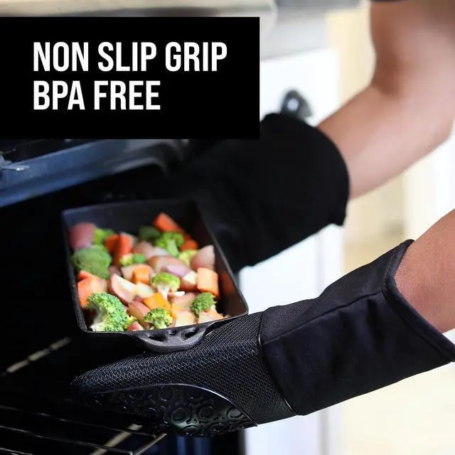 Alt view image 4 of 7 - BPA-Free Silicone Oven Mitts Ultra Heat Resistant up to 500°F - Oven Mitts with Thick Cotton Liner - Long Slip Resistant Pot Holders, Flexible Oven Gloves - Black 13.7"