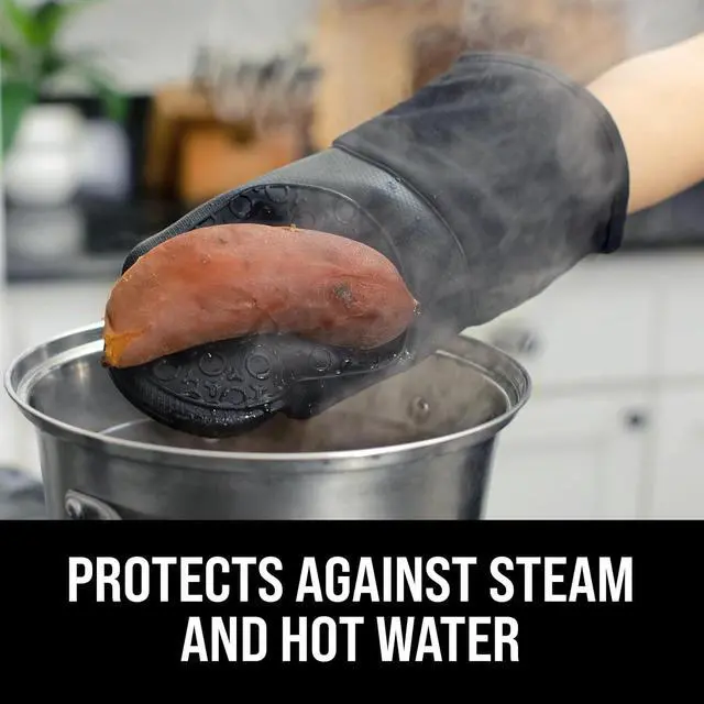 Alt view image 5 of 7 - BPA-Free Silicone Oven Mitts Ultra Heat Resistant up to 500°F - Oven Mitts with Thick Cotton Liner - Long Slip Resistant Pot Holders, Flexible Oven Gloves - Black 13.7"