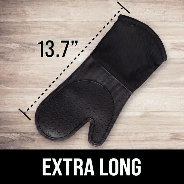 Alt view image 3 of 7 - BPA-Free Silicone Oven Mitts Ultra Heat Resistant up to 500°F - Oven Mitts with Thick Cotton Liner - Long Slip Resistant Pot Holders, Flexible Oven Gloves - Black 13.7"