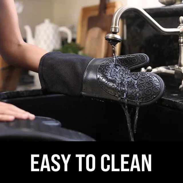 Alt view image 7 of 7 - BPA-Free Silicone Oven Mitts Ultra Heat Resistant up to 500°F - Oven Mitts with Thick Cotton Liner - Long Slip Resistant Pot Holders, Flexible Oven Gloves - Black 13.7"